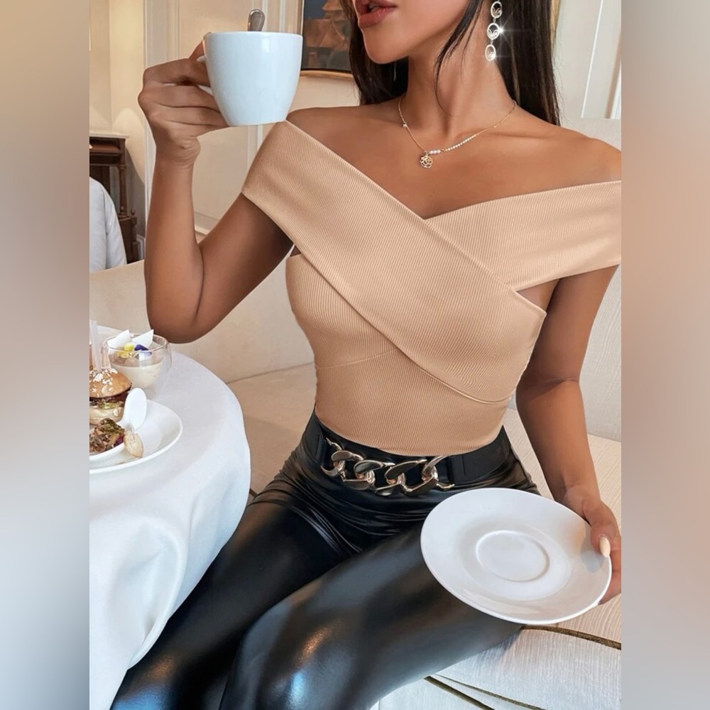 Ribbed Knit Bardot Crossover Top